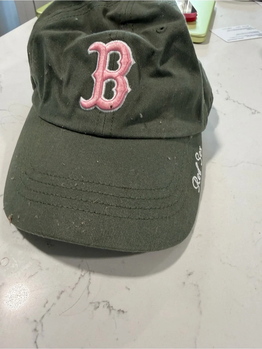 Kids Olive Green Baseball Cap with Pink 'B' Embroidery